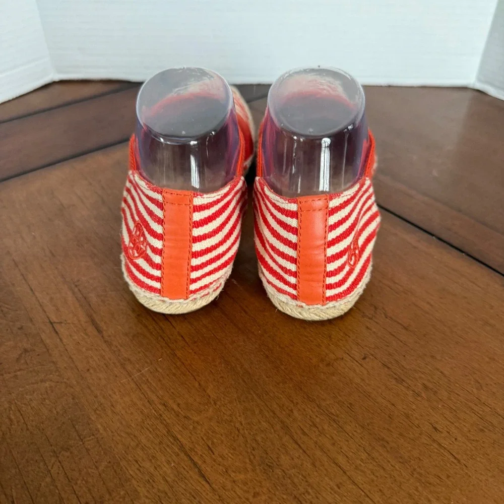 Tory Burch Red White Striped Canvas‎ Elastic Strap Espadrille Flats 8